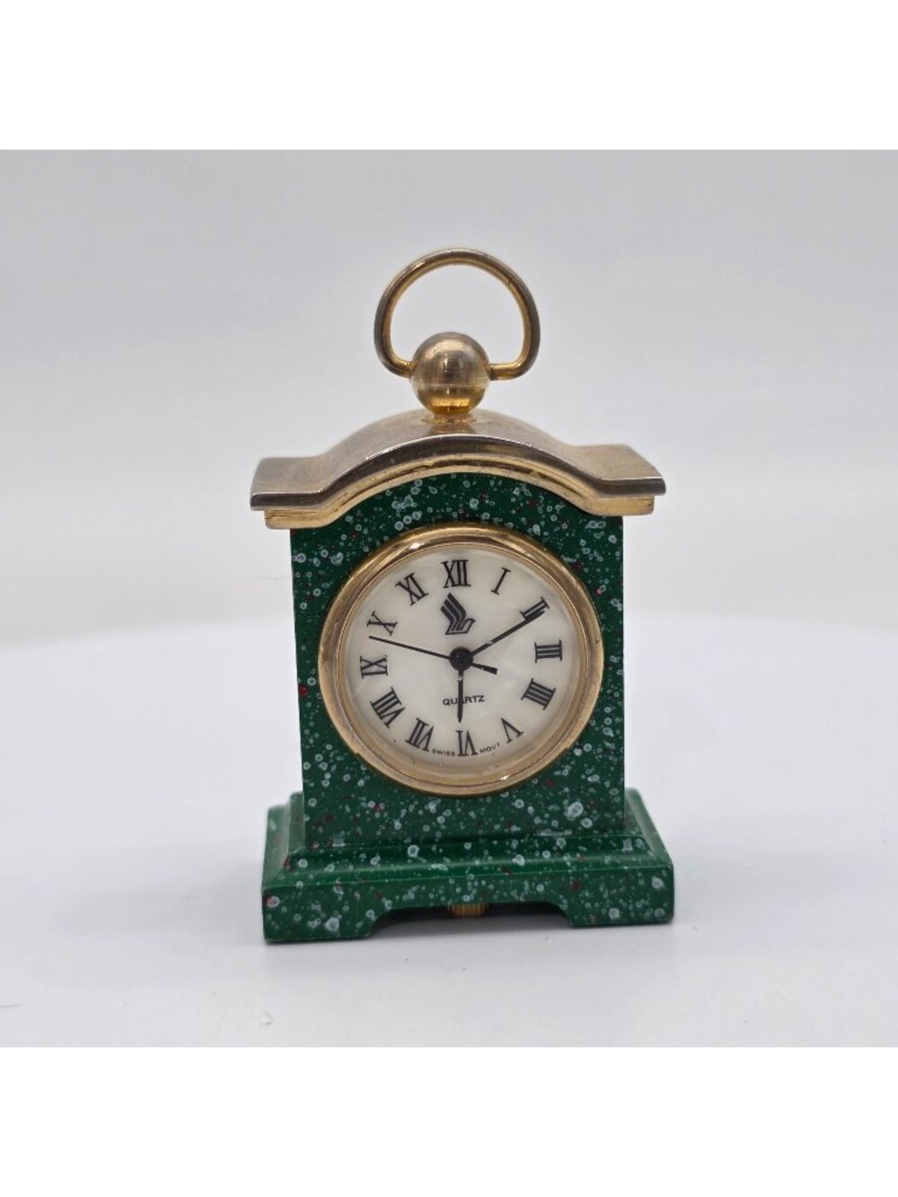Miniature Green Faux Marble Quartz Desk Clock Gold Tone Trim Roman Numerals 1.75